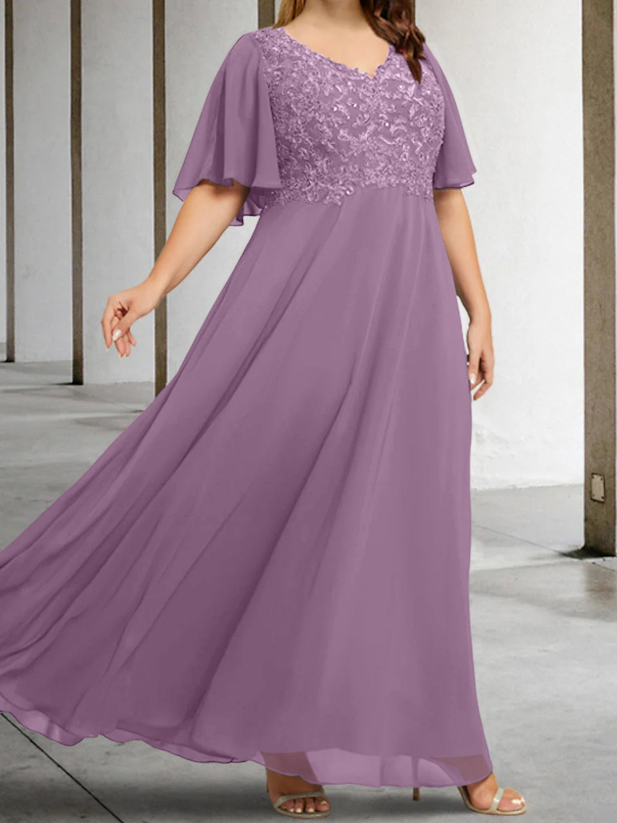 V Neck A Line Long Mother of the Bride Dress with Applique and Half Sleeves