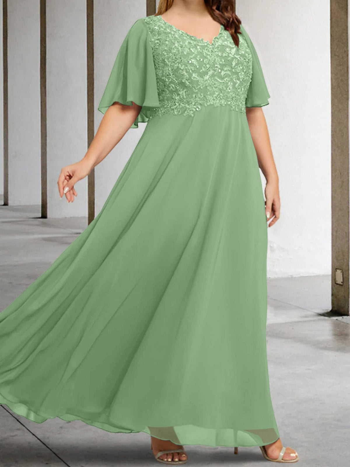 V Neck A Line Long Mother of the Bride Dress with Applique and Half Sleeves
