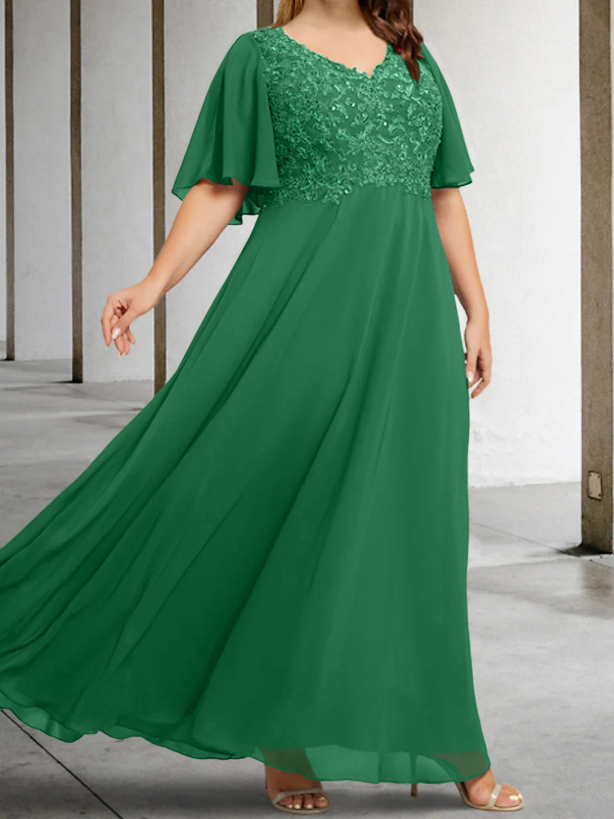 V Neck A Line Long Mother of the Bride Dress with Applique and Half Sleeves