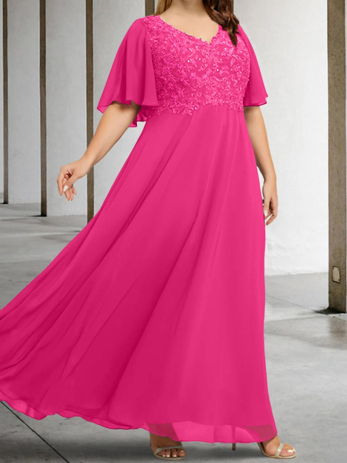 V Neck A Line Long Mother of the Bride Dress with Applique and Half Sleeves