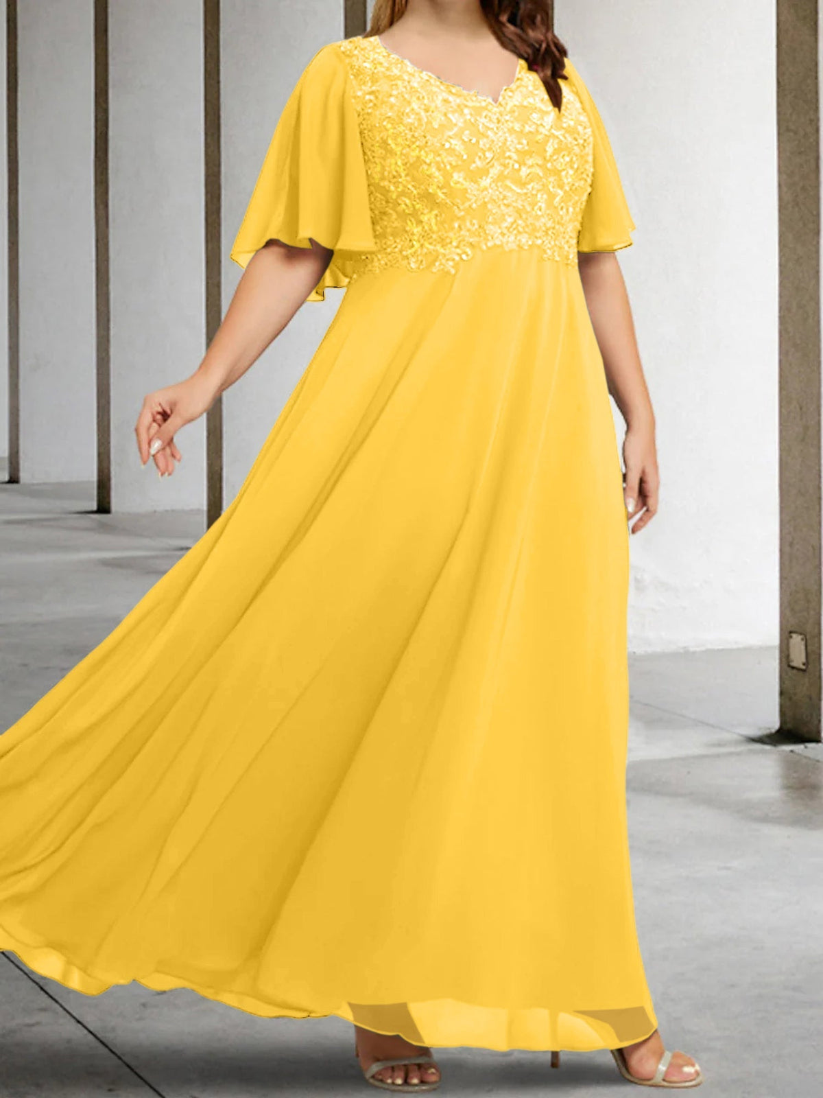 V Neck A Line Long Mother of the Bride Dress with Applique and Half Sleeves