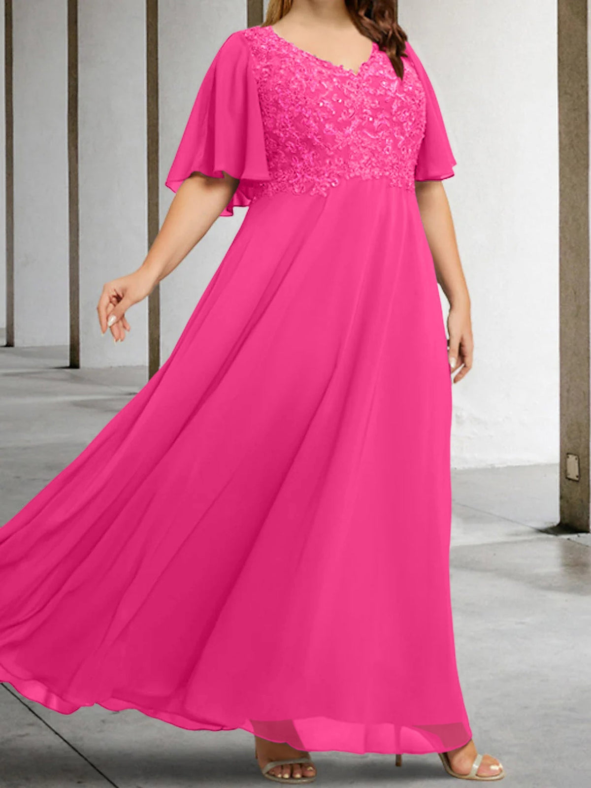 V Neck A Line Long Mother of the Bride Dress with Applique and Half Sleeves