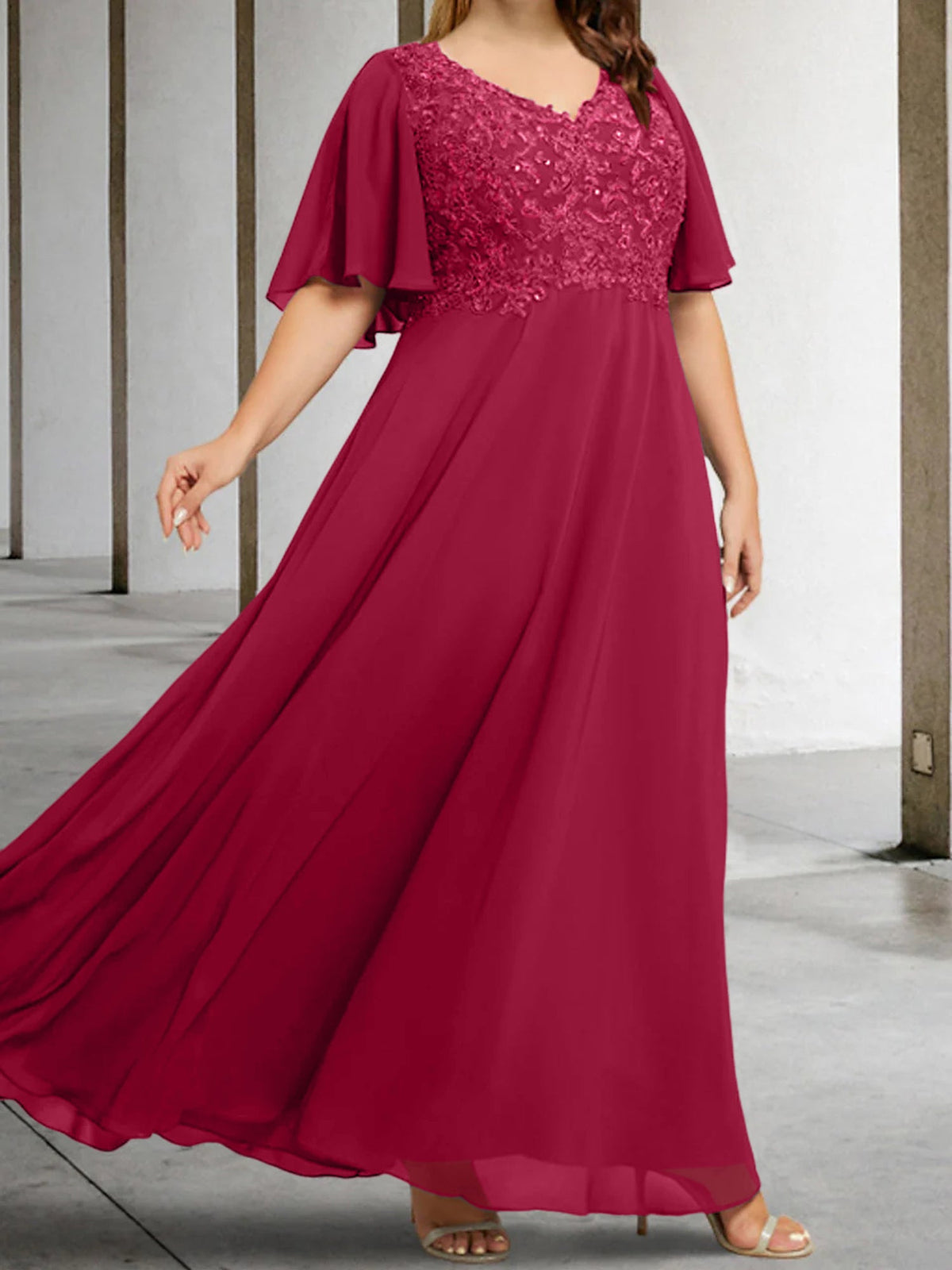 V Neck A Line Long Mother of the Bride Dress with Applique and Half Sleeves