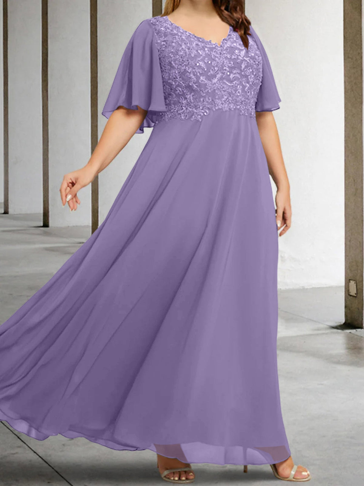 V Neck A Line Long Mother of the Bride Dress with Applique and Half Sleeves
