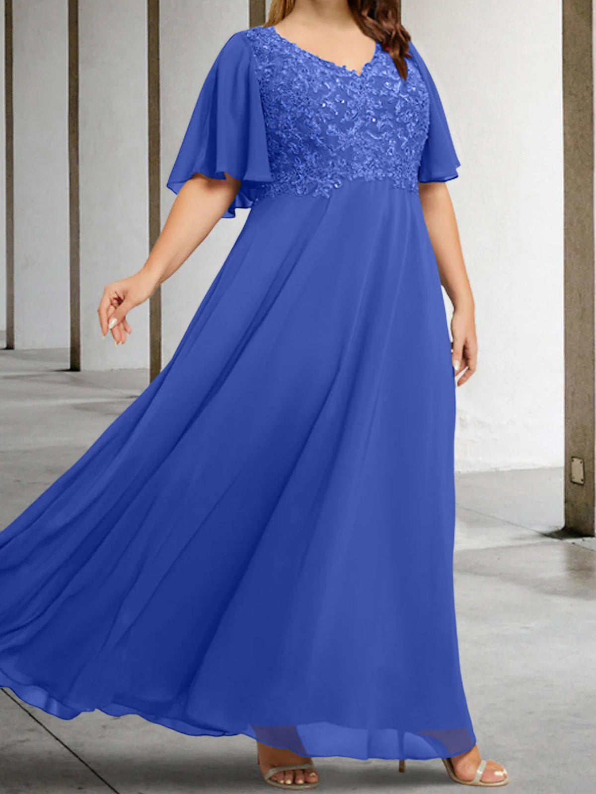 V Neck A Line Long Mother of the Bride Dress with Applique and Half Sleeves