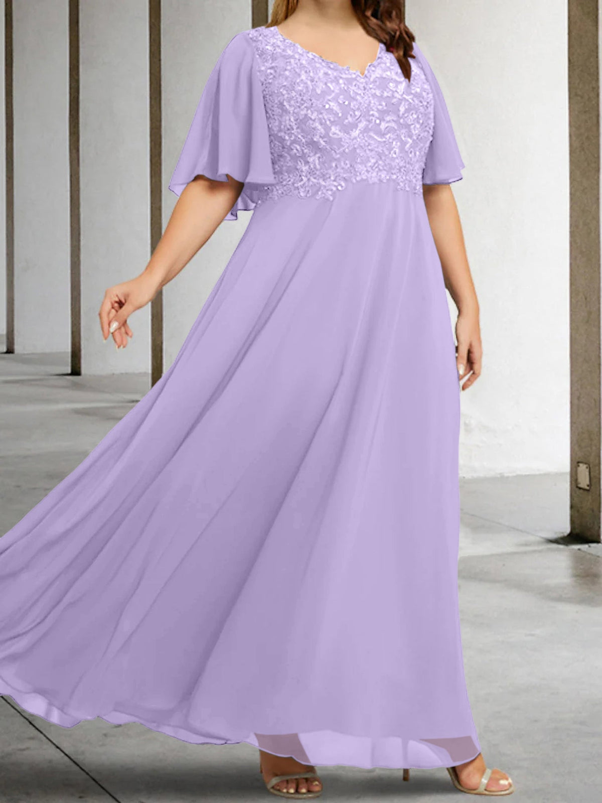 V Neck A Line Long Mother of the Bride Dress with Applique and Half Sleeves