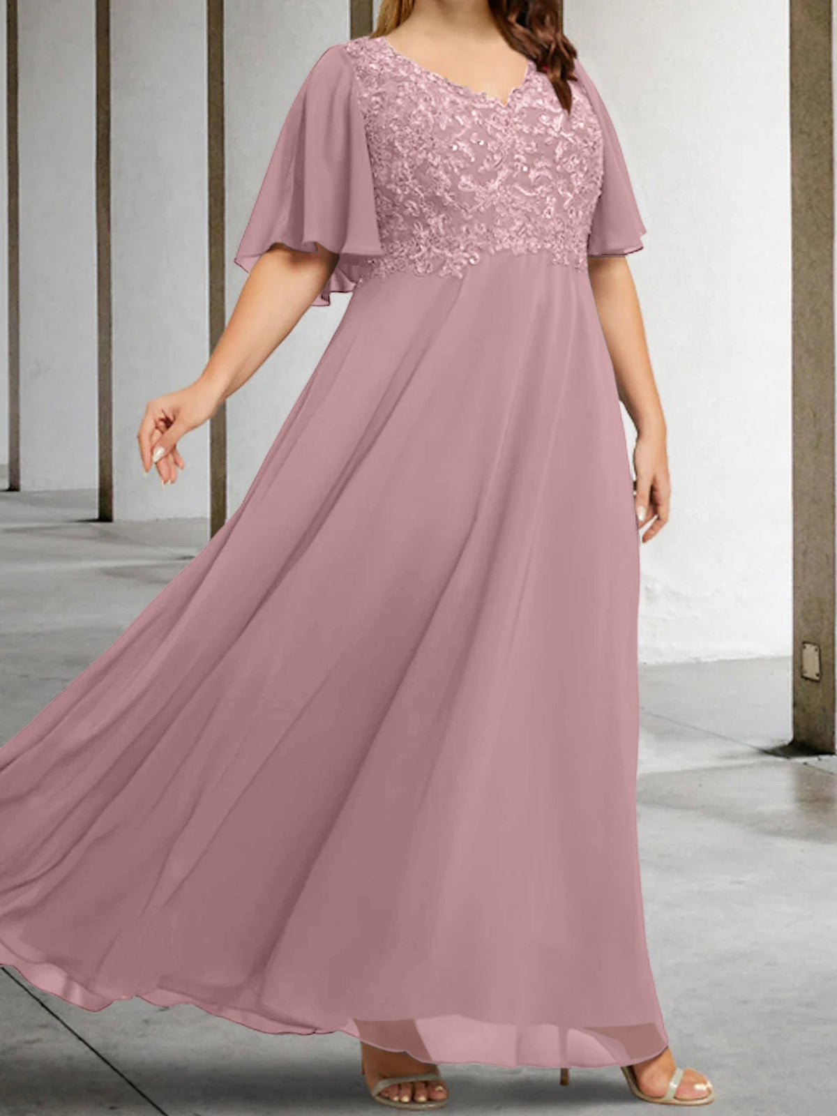 V Neck A Line Long Mother of the Bride Dress with Applique and Half Sleeves