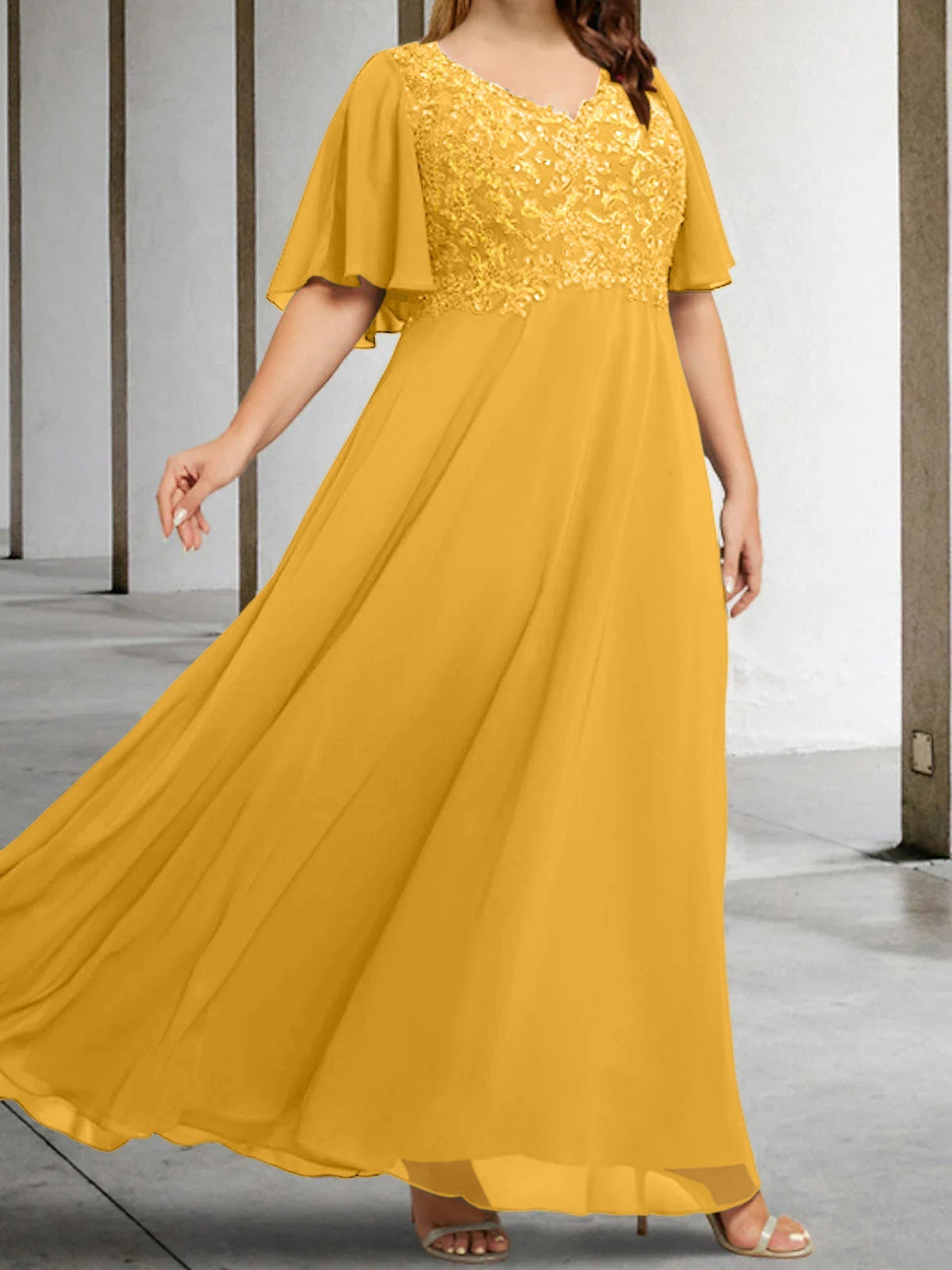 V Neck A Line Long Mother of the Bride Dress with Applique and Half Sleeves