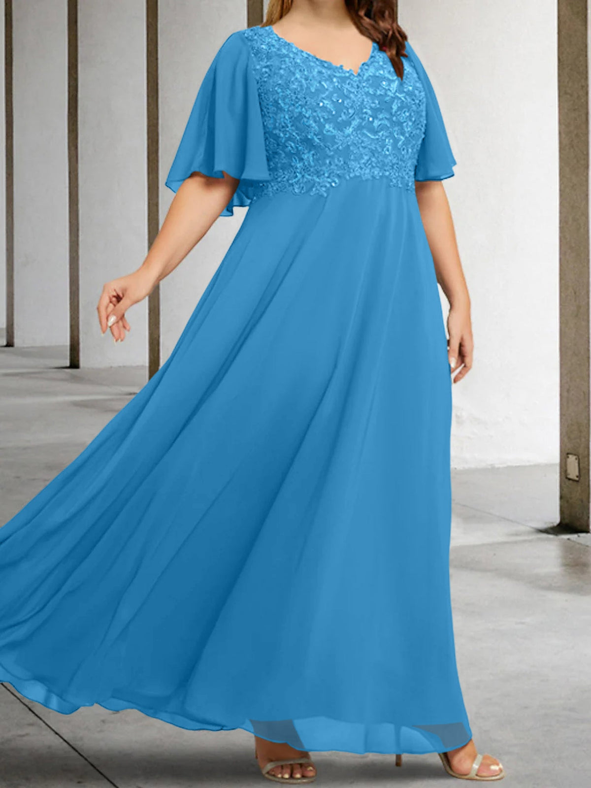 V Neck A Line Long Mother of the Bride Dress with Applique and Half Sleeves