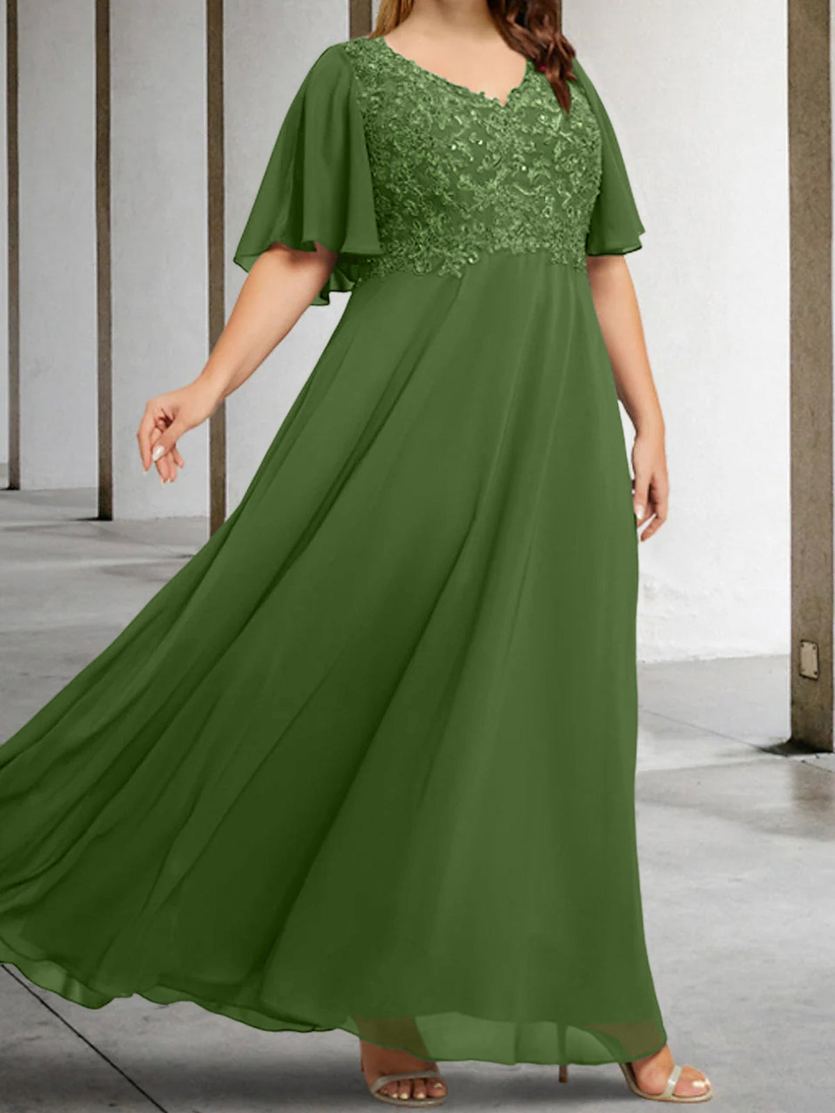 V Neck A Line Long Mother of the Bride Dress with Applique and Half Sleeves