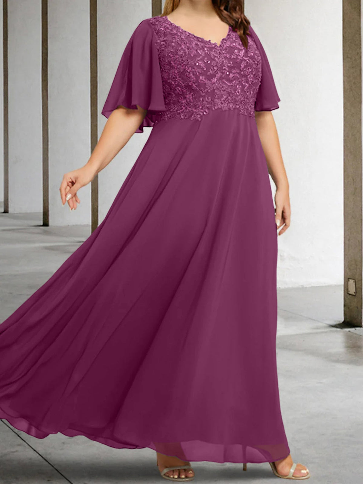 V Neck A Line Long Mother of the Bride Dress with Applique and Half Sleeves