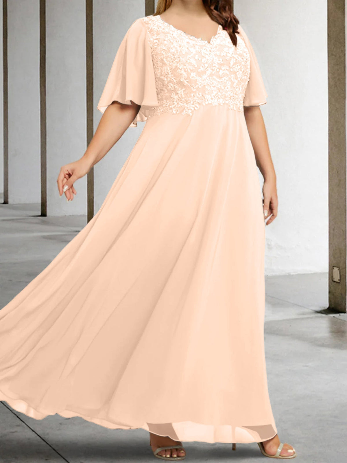 V Neck A Line Long Mother of the Bride Dress with Applique and Half Sleeves