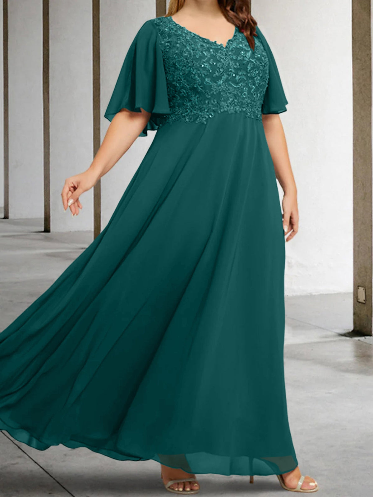V Neck A Line Long Mother of the Bride Dress with Applique and Half Sleeves
