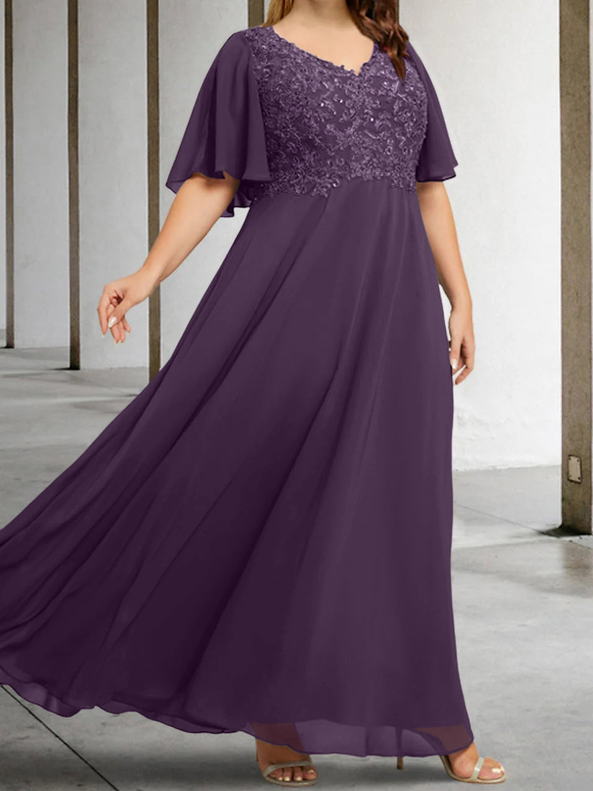 V Neck A Line Long Mother of the Bride Dress with Applique and Half Sleeves