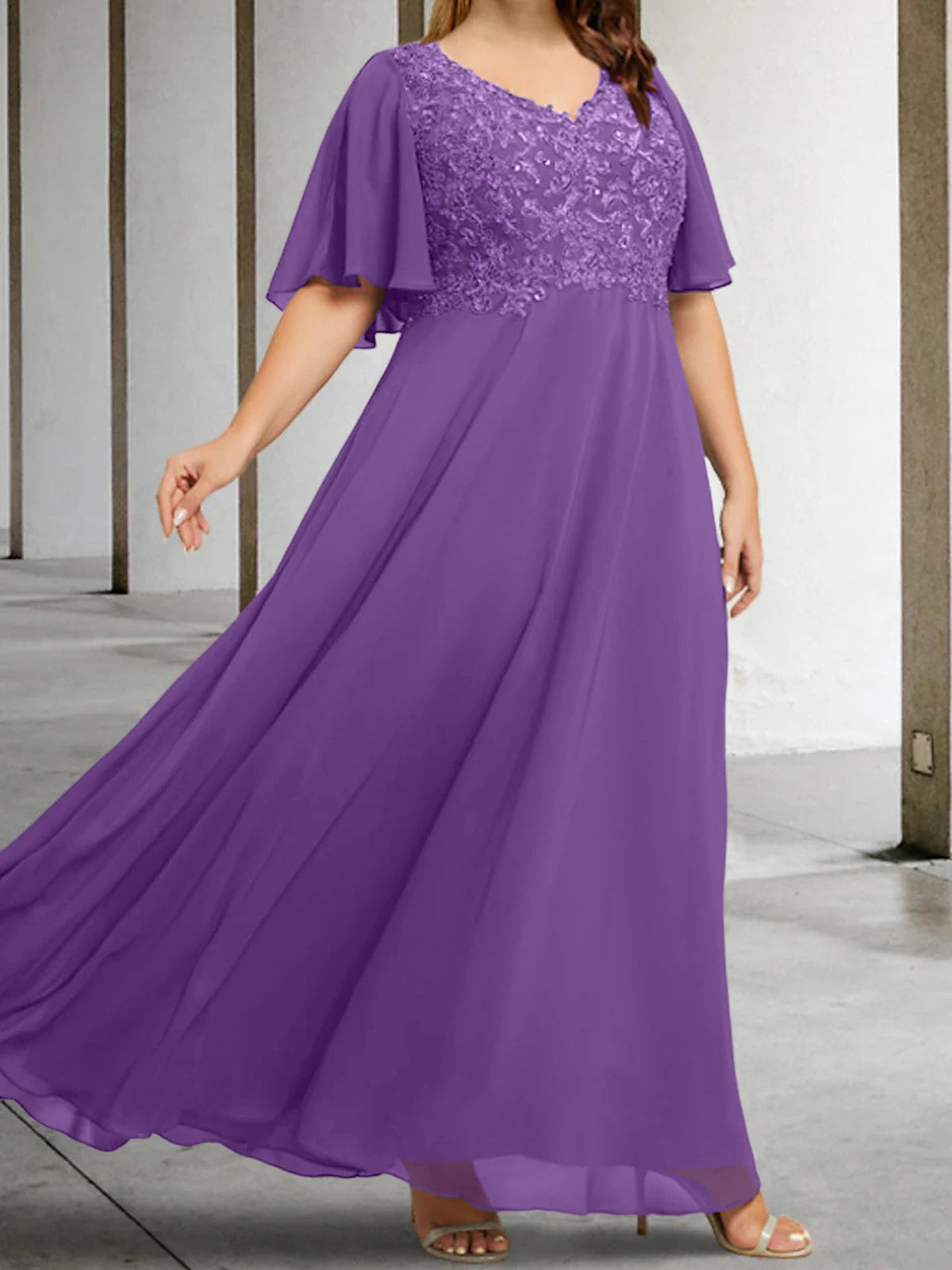 V Neck A Line Long Mother of the Bride Dress with Applique and Half Sleeves