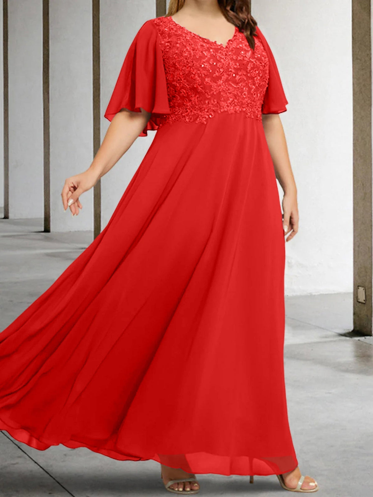 V Neck A Line Long Mother of the Bride Dress with Applique and Half Sleeves