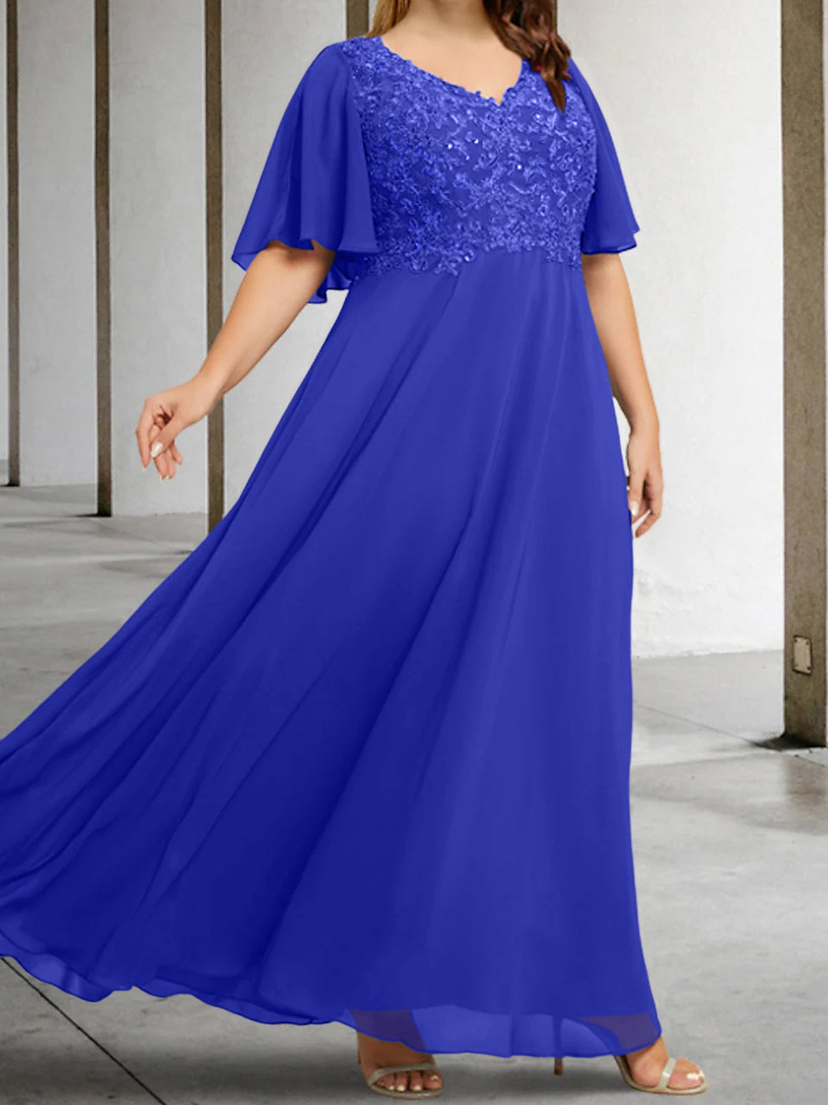 V Neck A Line Long Mother of the Bride Dress with Applique and Half Sleeves