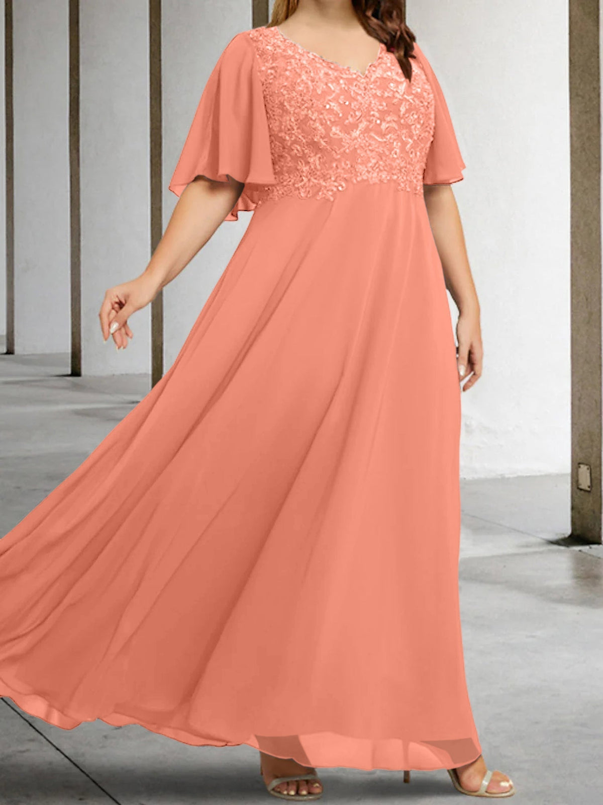 V Neck A Line Long Mother of the Bride Dress with Applique and Half Sleeves