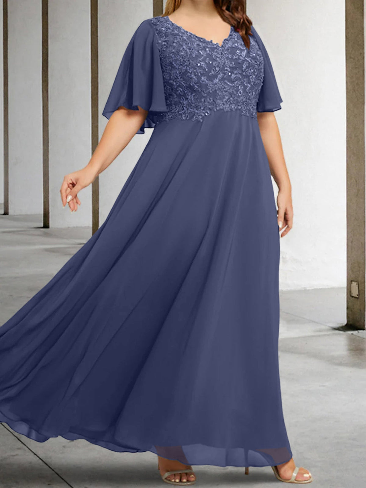 V Neck A Line Long Mother of the Bride Dress with Applique and Half Sleeves