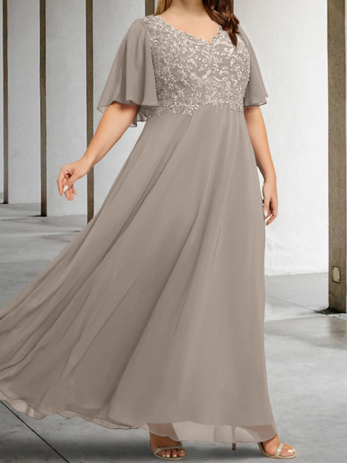V Neck A Line Long Mother of the Bride Dress with Applique and Half Sleeves