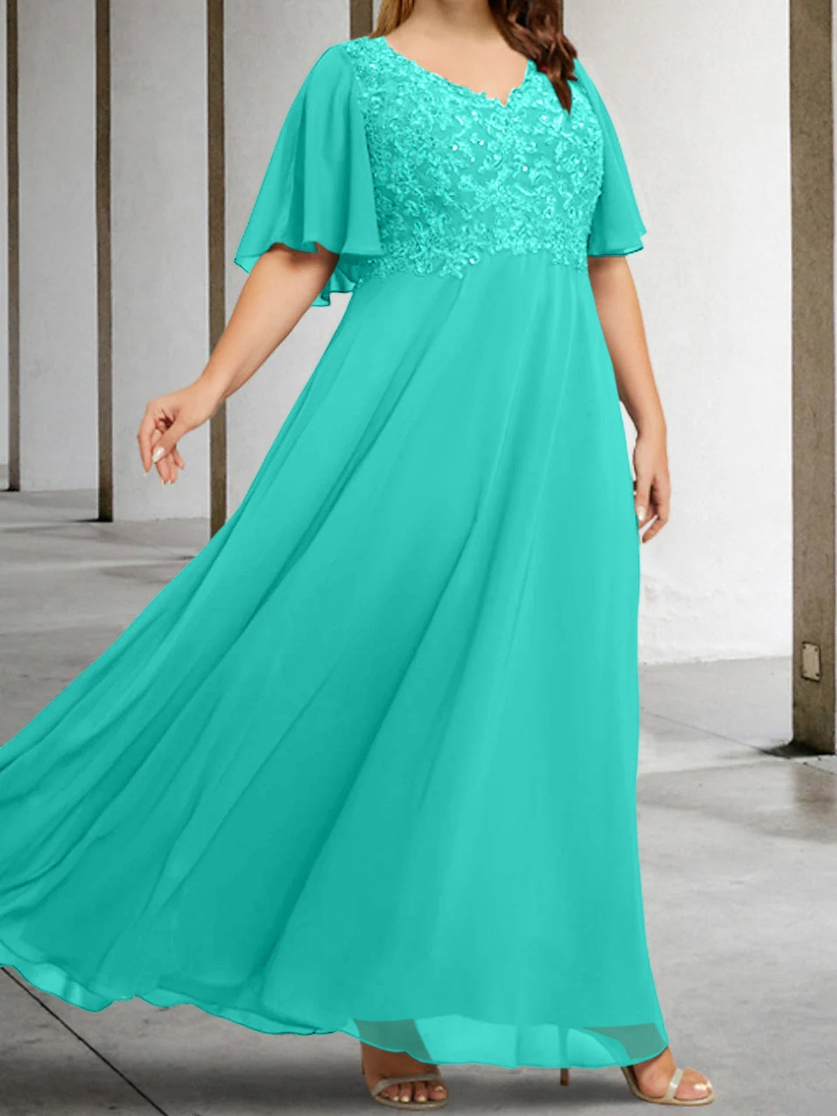 V Neck A Line Long Mother of the Bride Dress with Applique and Half Sleeves