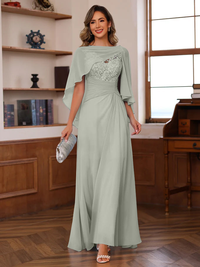 V Neck A Line Long Mother of the Bride Dress with Appliques Ruffles & Wrap in 2 Pics
