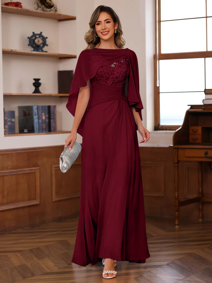 V Neck A Line Long Mother of the Bride Dress with Appliques Ruffles & Wrap in 2 Pics