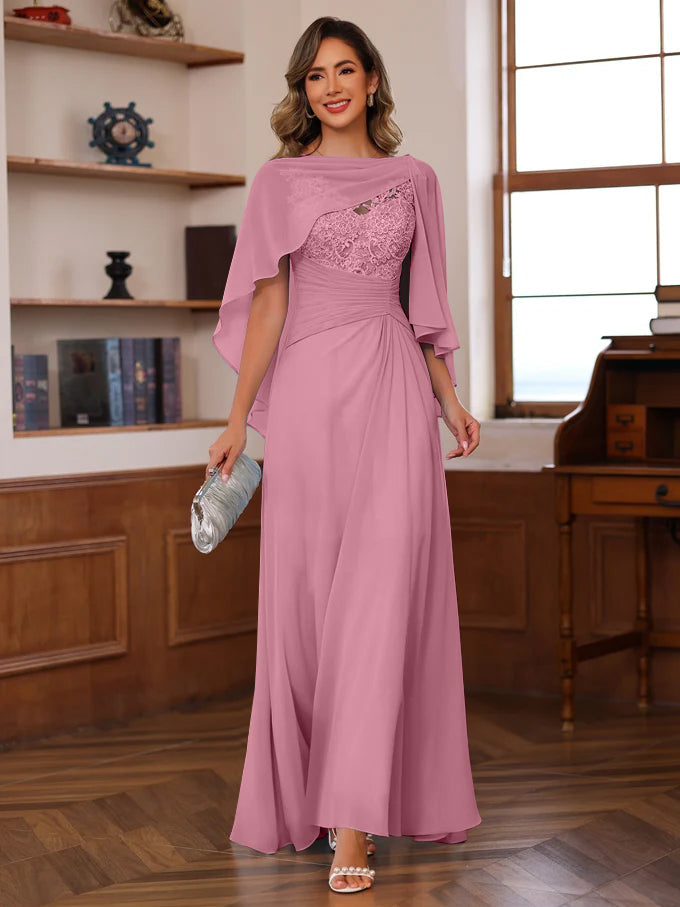 V Neck A Line Long Mother of the Bride Dress with Appliques Ruffles & Wrap in 2 Pics