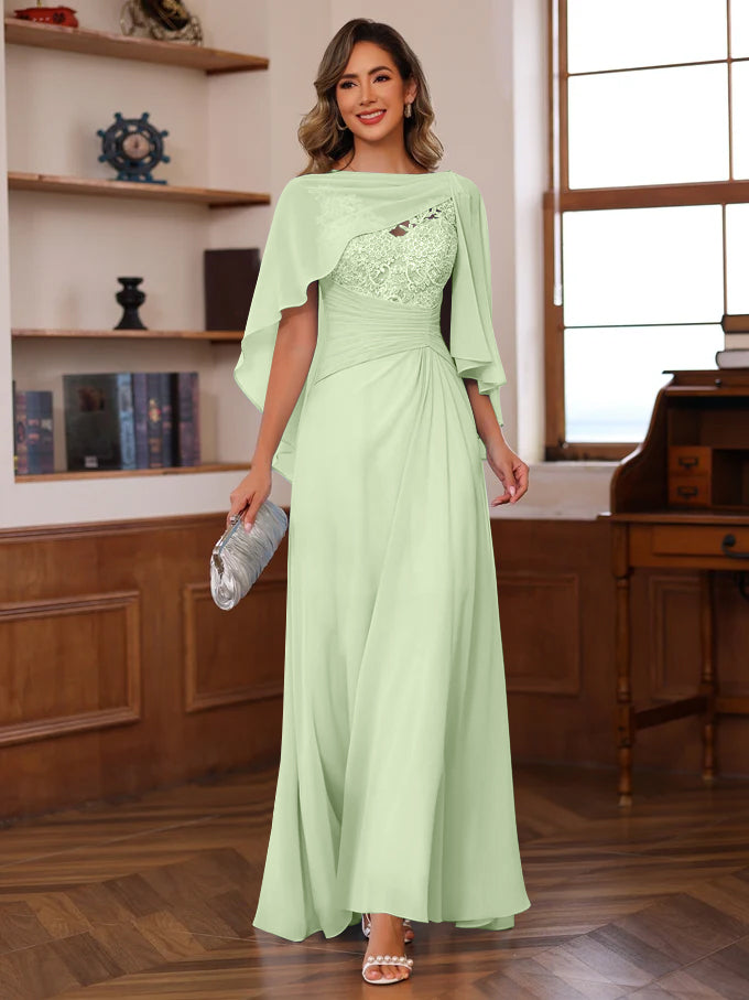 V Neck A Line Long Mother of the Bride Dress with Appliques Ruffles & Wrap in 2 Pics