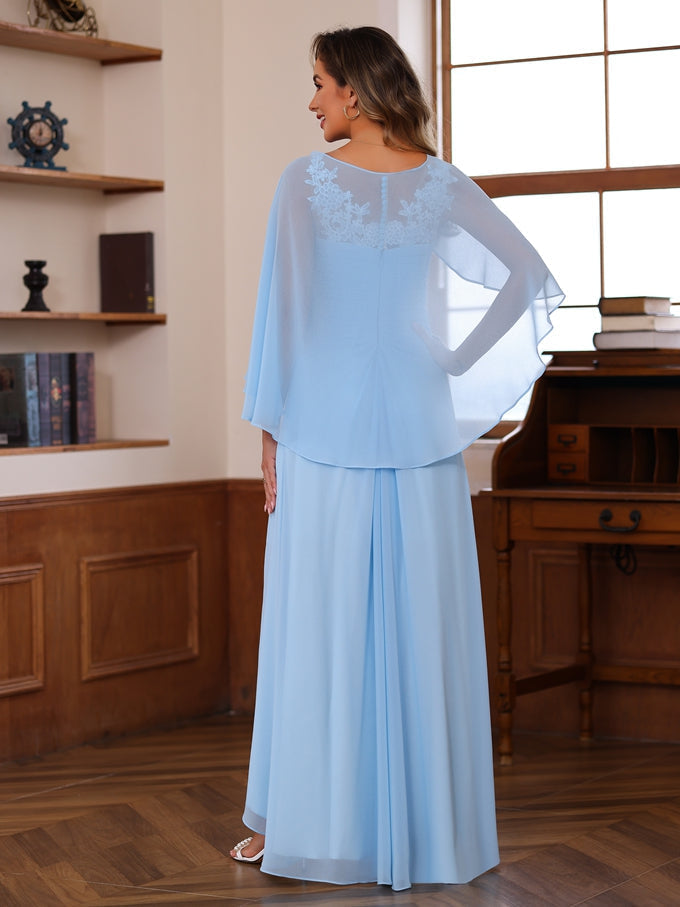 V Neck A Line Long Mother of the Bride Dress with Appliques Ruffles & Wrap in 2 Pics