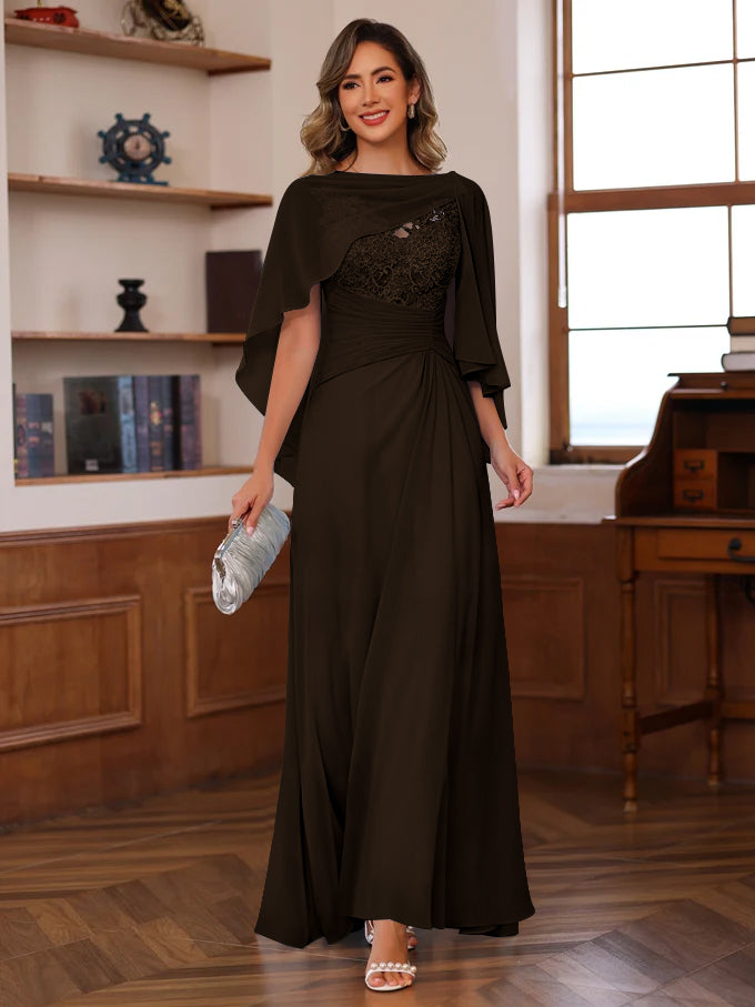 V Neck A Line Long Mother of the Bride Dress with Appliques Ruffles & Wrap in 2 Pics