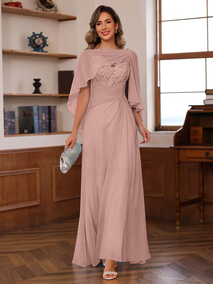 V Neck A Line Long Mother of the Bride Dress with Appliques Ruffles & Wrap in 2 Pics
