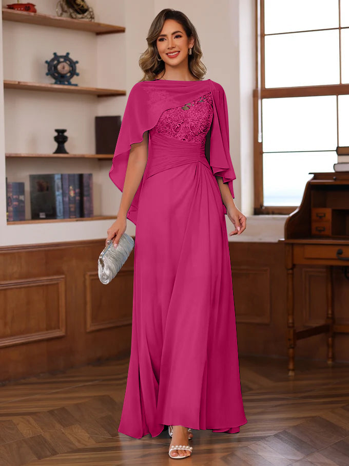 V Neck A Line Long Mother of the Bride Dress with Appliques Ruffles & Wrap in 2 Pics