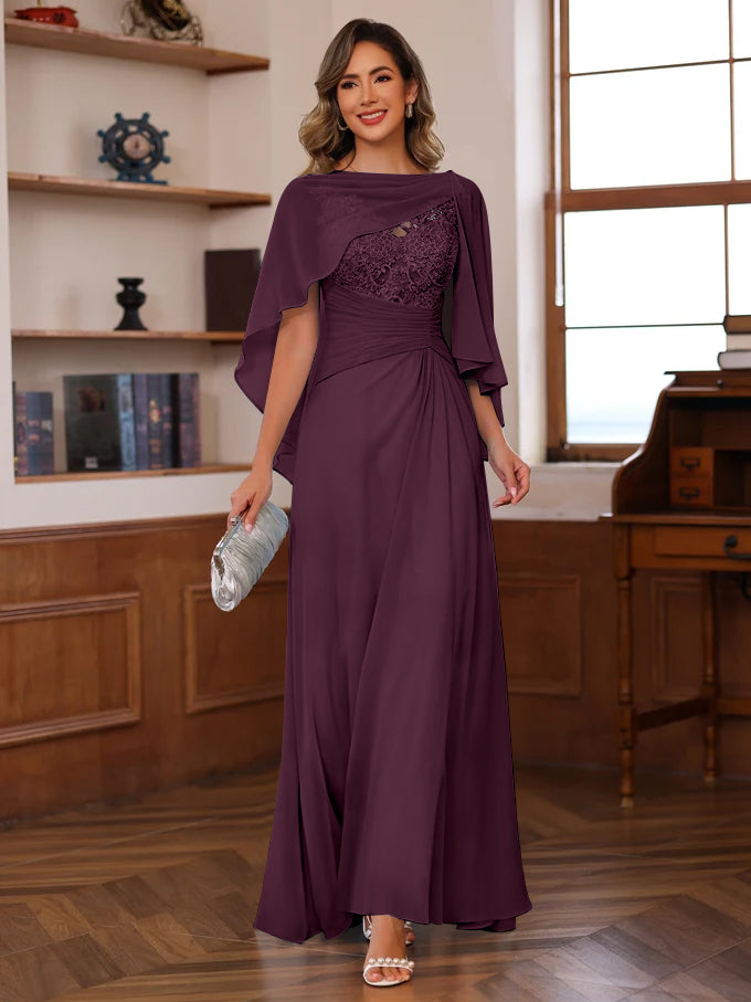 V Neck A Line Long Mother of the Bride Dress with Appliques Ruffles & Wrap in 2 Pics
