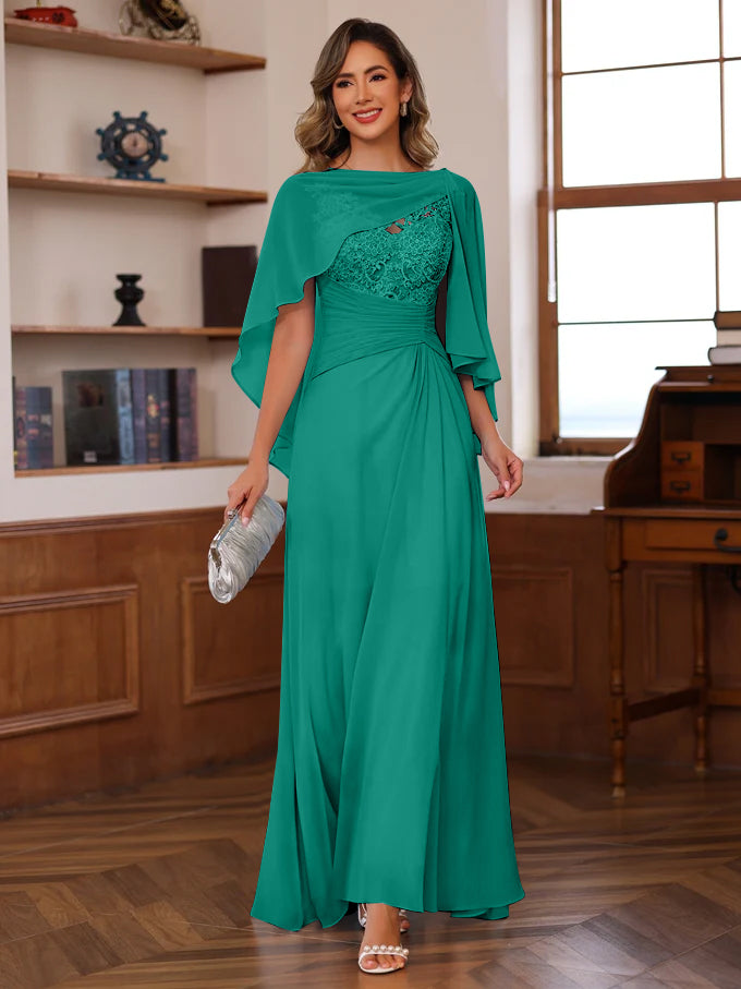 V Neck A Line Long Mother of the Bride Dress with Appliques Ruffles & Wrap in 2 Pics