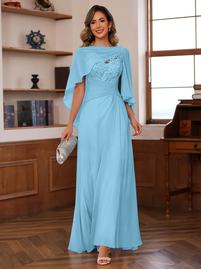 V Neck A Line Long Mother of the Bride Dress with Appliques Ruffles & Wrap in 2 Pics