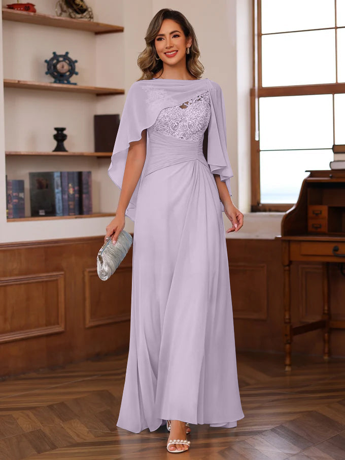 V Neck A Line Long Mother of the Bride Dress with Appliques Ruffles & Wrap in 2 Pics