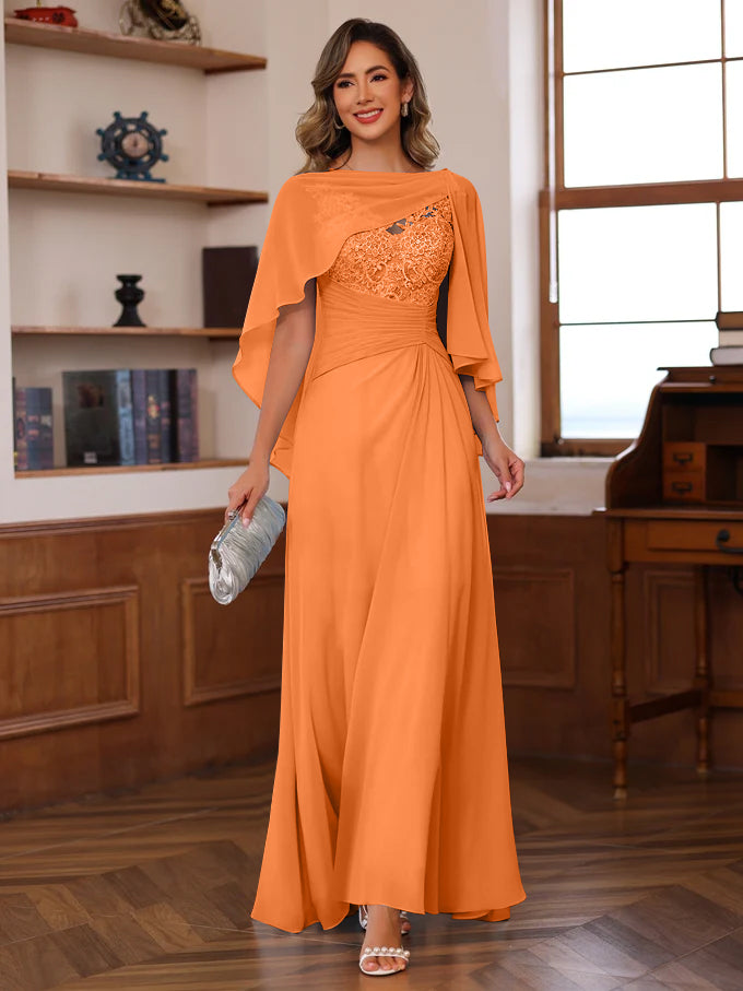 V Neck A Line Long Mother of the Bride Dress with Appliques Ruffles & Wrap in 2 Pics