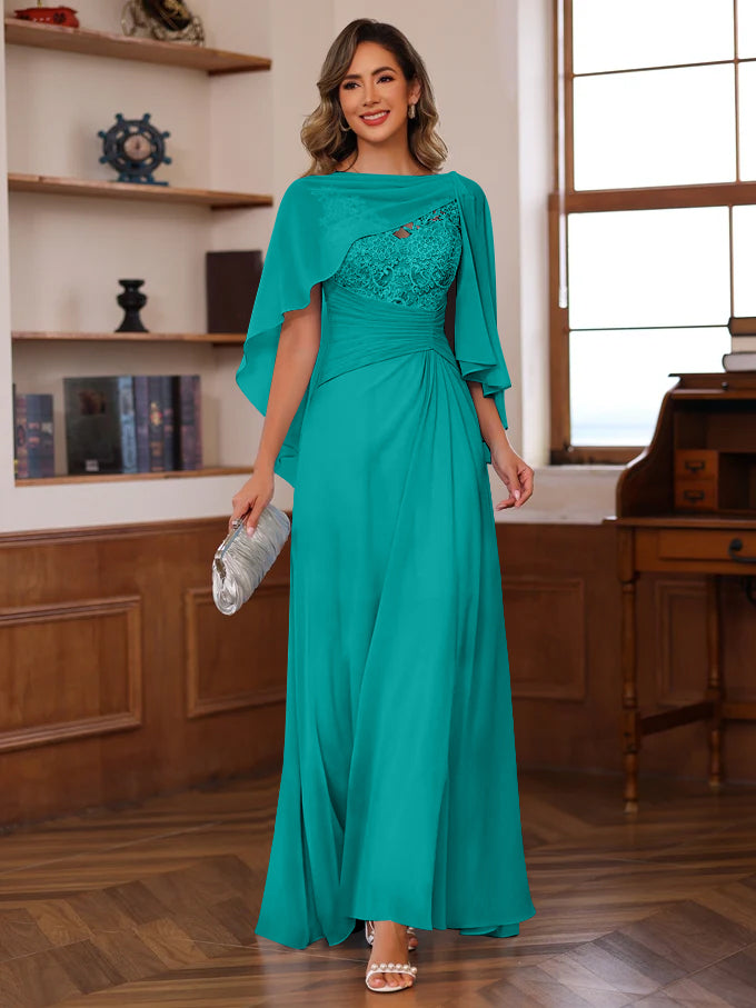 V Neck A Line Long Mother of the Bride Dress with Appliques Ruffles & Wrap in 2 Pics