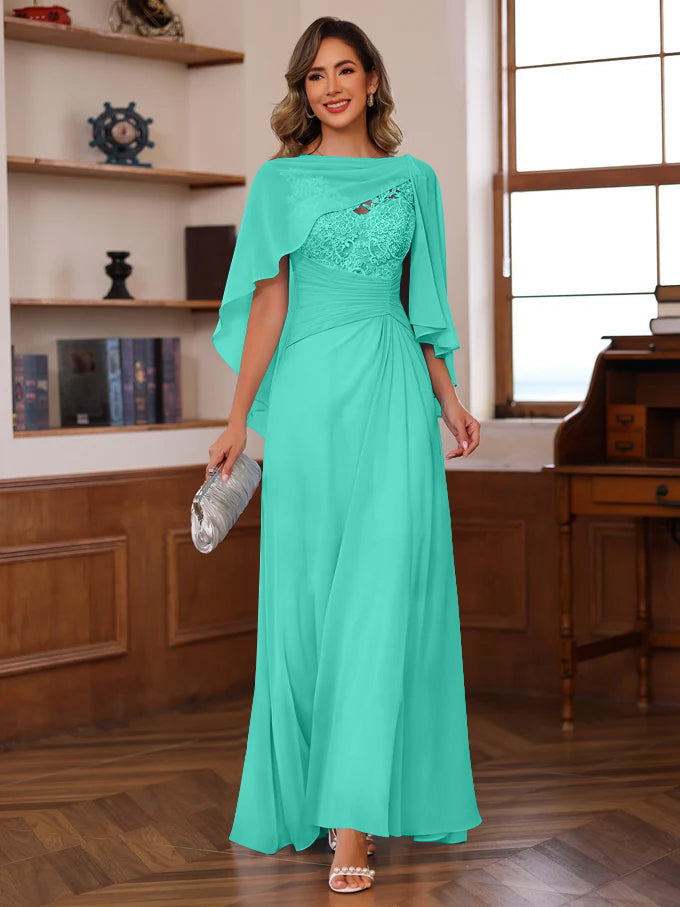 V Neck A Line Long Mother of the Bride Dress with Appliques Ruffles & Wrap in 2 Pics