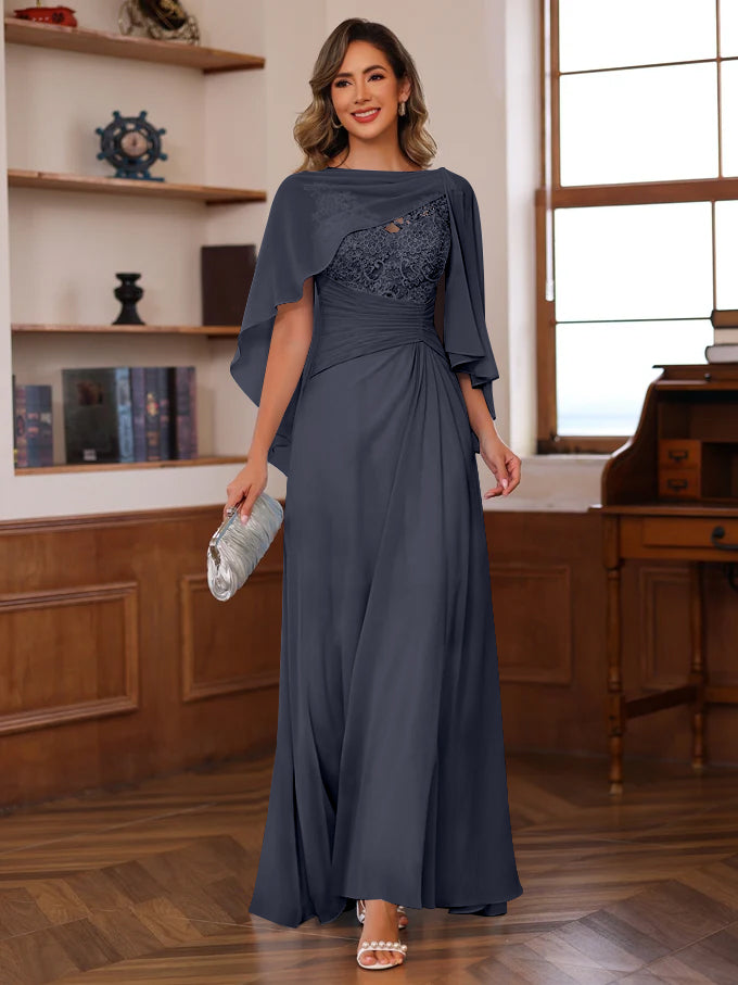 V Neck A Line Long Mother of the Bride Dress with Appliques Ruffles & Wrap in 2 Pics