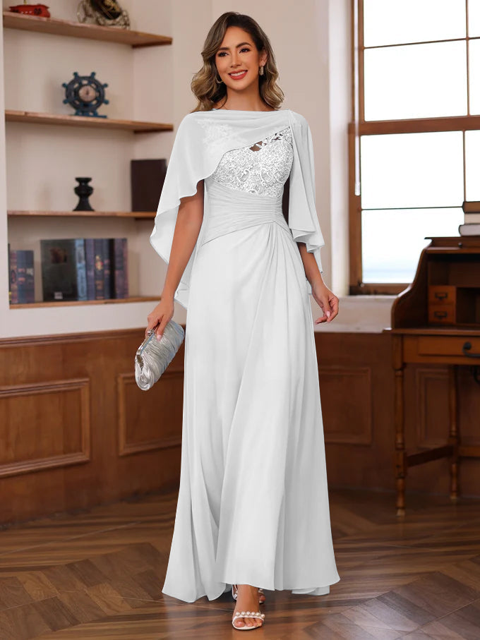 V Neck A Line Long Mother of the Bride Dress with Appliques Ruffles & Wrap in 2 Pics