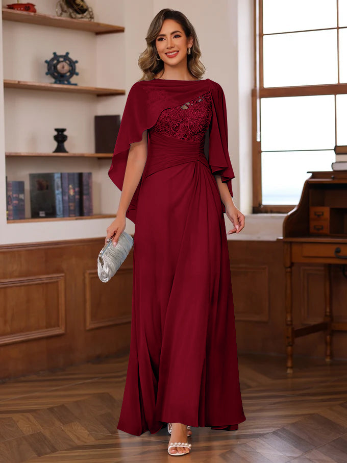 V Neck A Line Long Mother of the Bride Dress with Appliques Ruffles & Wrap in 2 Pics