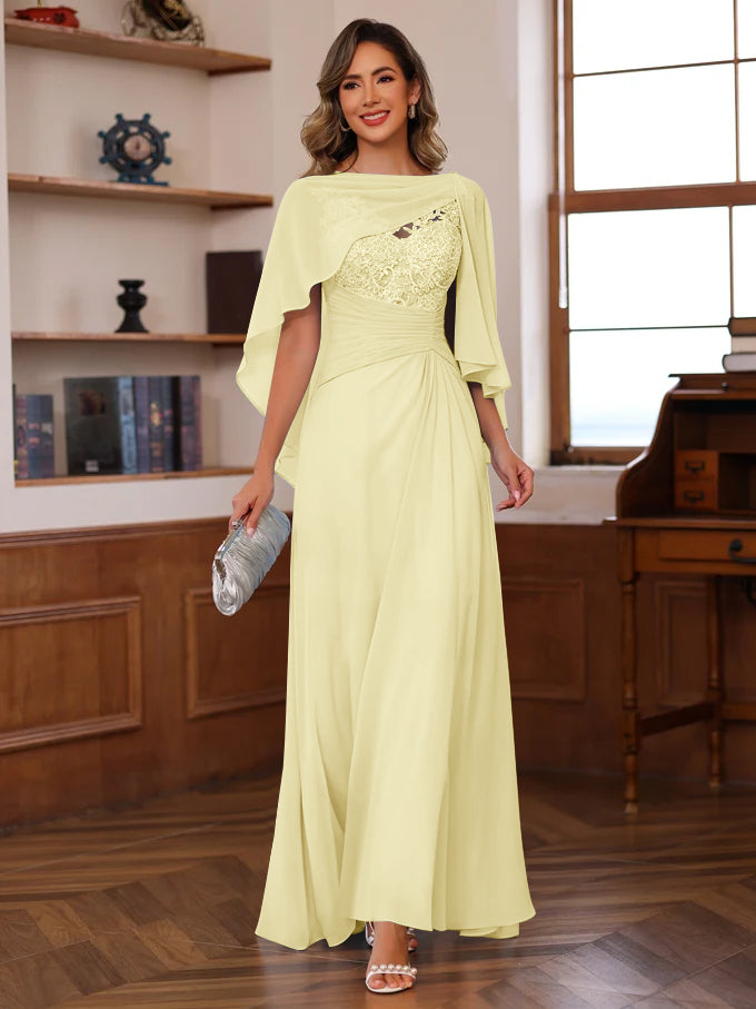 V Neck A Line Long Mother of the Bride Dress with Appliques Ruffles & Wrap in 2 Pics
