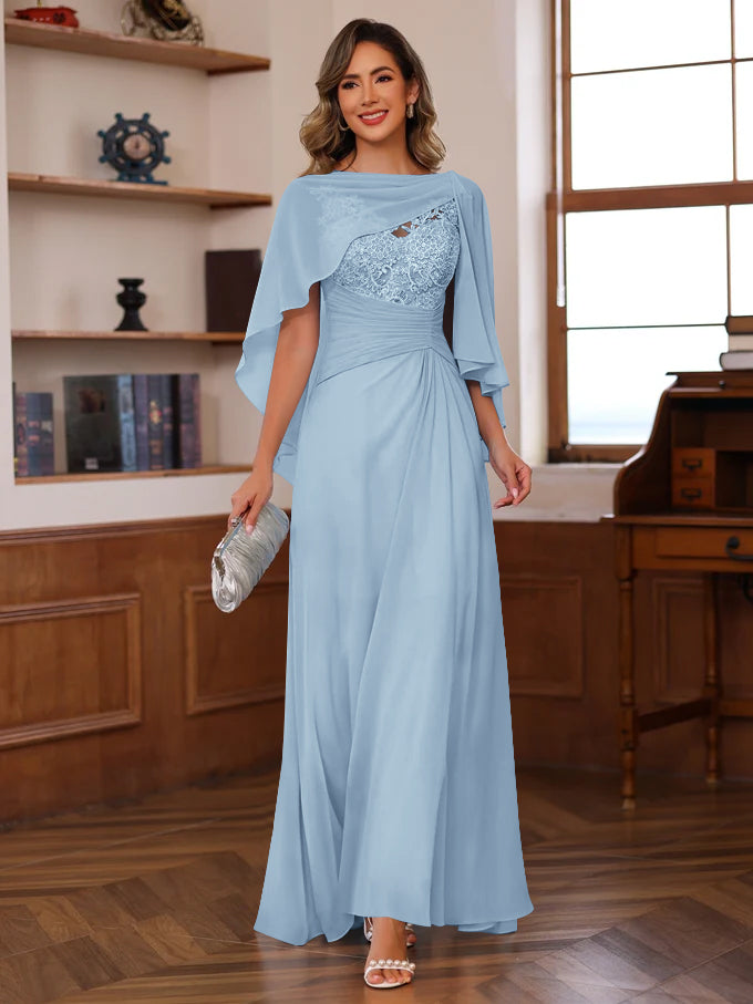 V Neck A Line Long Mother of the Bride Dress with Appliques Ruffles & Wrap in 2 Pics