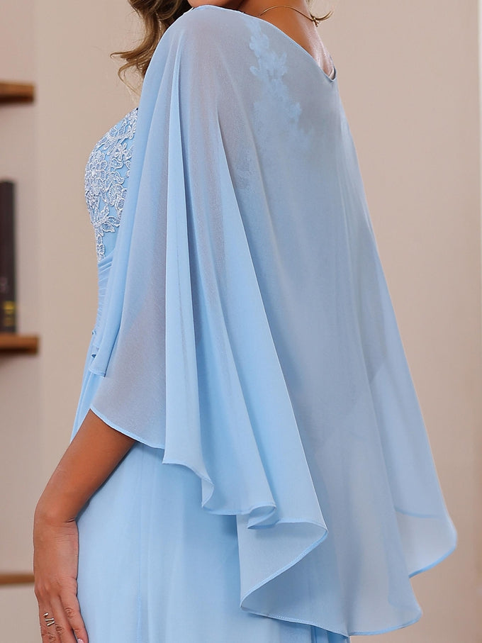 V Neck A Line Long Mother of the Bride Dress with Appliques Ruffles & Wrap in 2 Pics