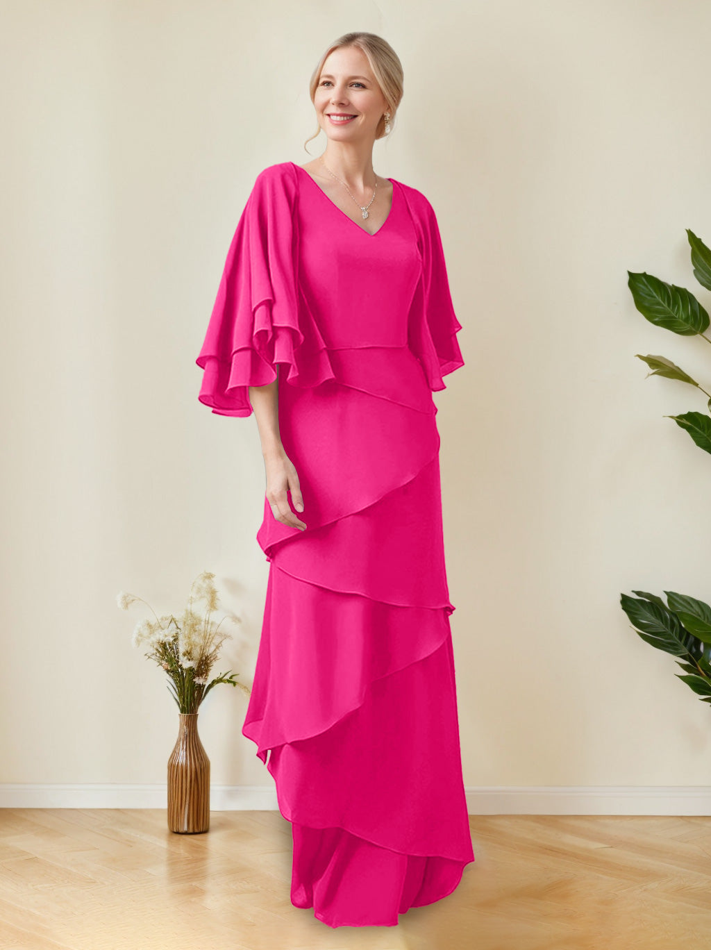 V Neck A Line Long Mother of the Bride Dress with Half Sleeves and Ruffles in Regular & Plus Sizes