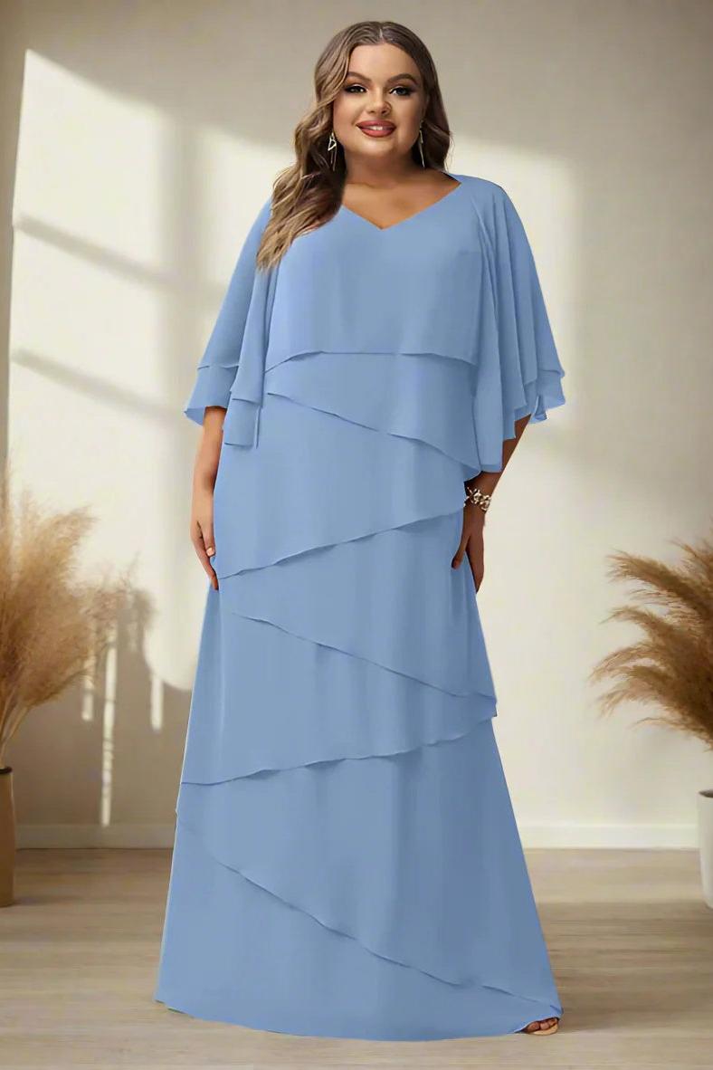 V Neck A Line Long Mother of the Bride Dress with Half Sleeves and Ruffles in Regular & Plus Sizes