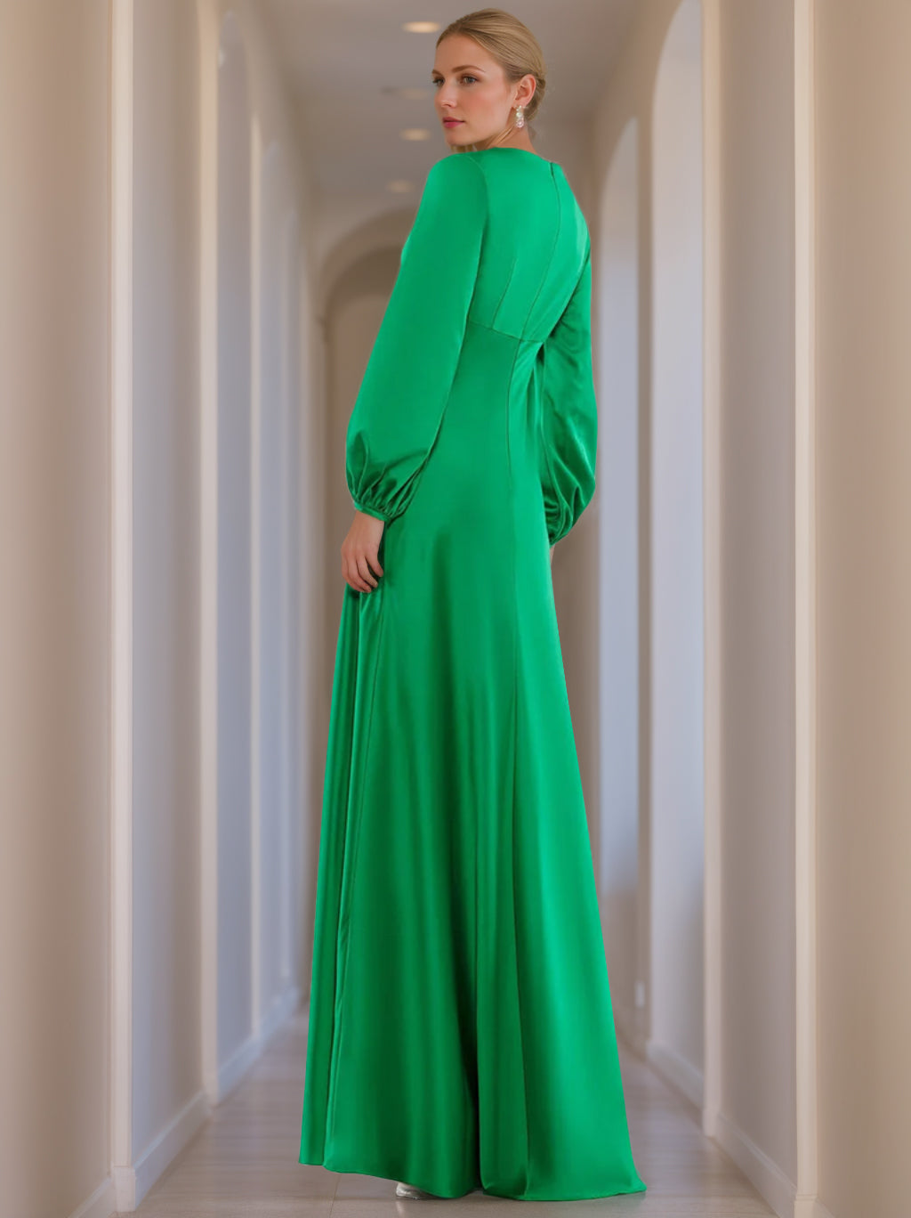 V Neck A Line Long Mother of the Bride Dress with Long Sleeves and Ruffles