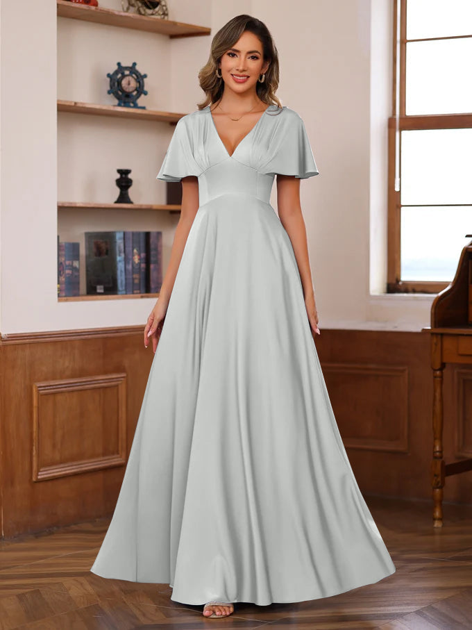 V Neck A Line Long Mother of the Bride Dress with Short Sleeves and Ruffles